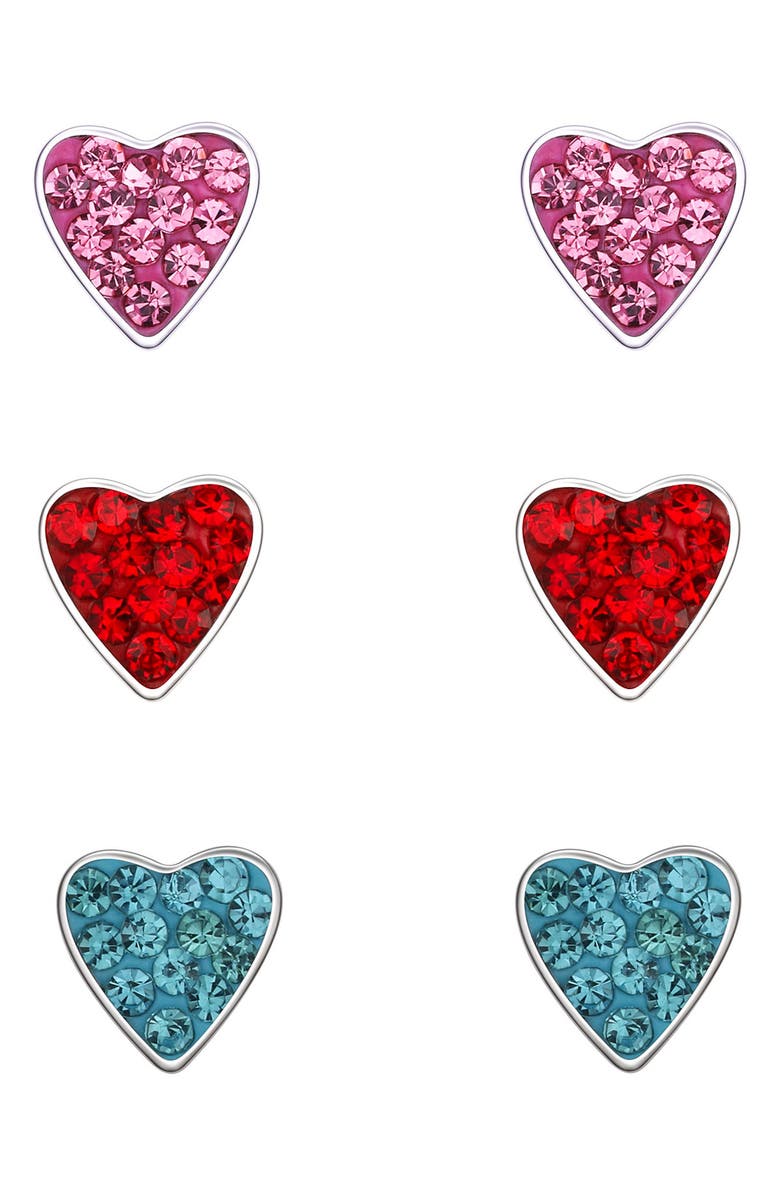 Lily Nily Kids' Set of 3 Crystal Heart Stud Earrings, Main, color, Pink Multi