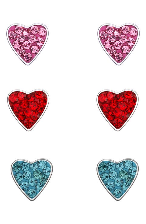 Kids' Set of 3 Crystal Heart Stud Earrings