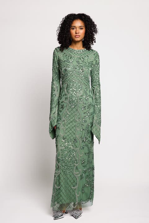 Modest Embellished Sequins Flutter Sleeves Gown