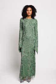MARYISA Modest Embellished Sequins Flutter Sleeves Gown