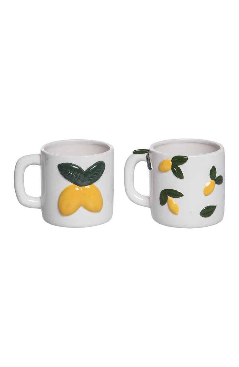 Transpac Ceramic Lemon Mug Set of 2 Multicolored for Spring Serving and Entertaining, Main, color, White