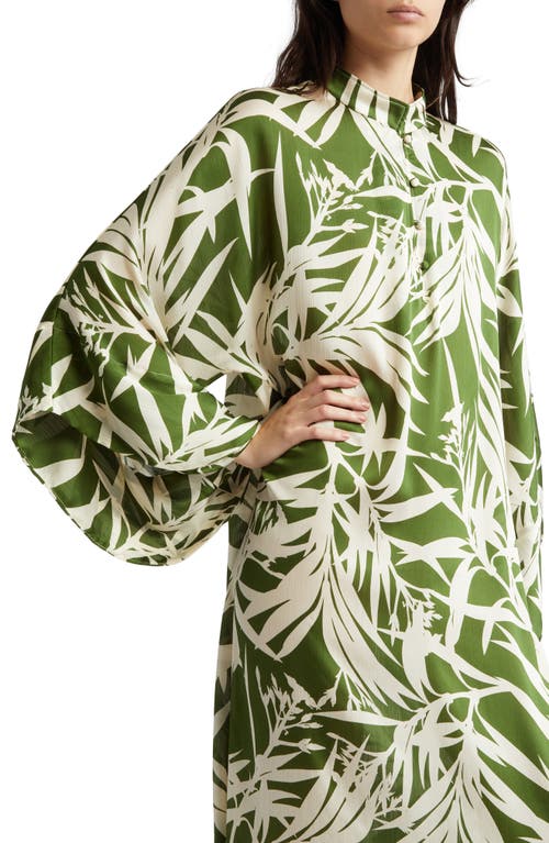 La Vie Style House Leaf Print Long Sleeve Satin Cover-up Caftan In Green/white