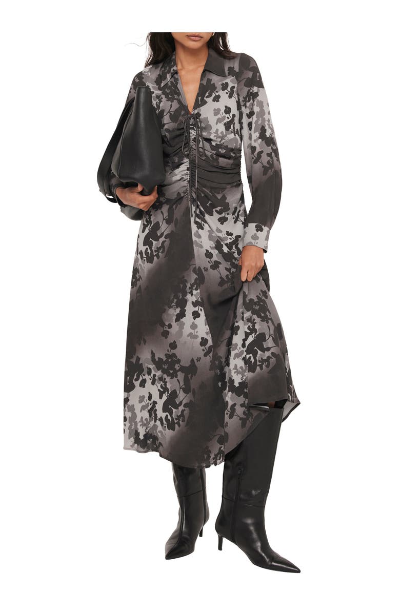 MINT VELVET Floral Print Midi Dress with a collar, Main, color, Black