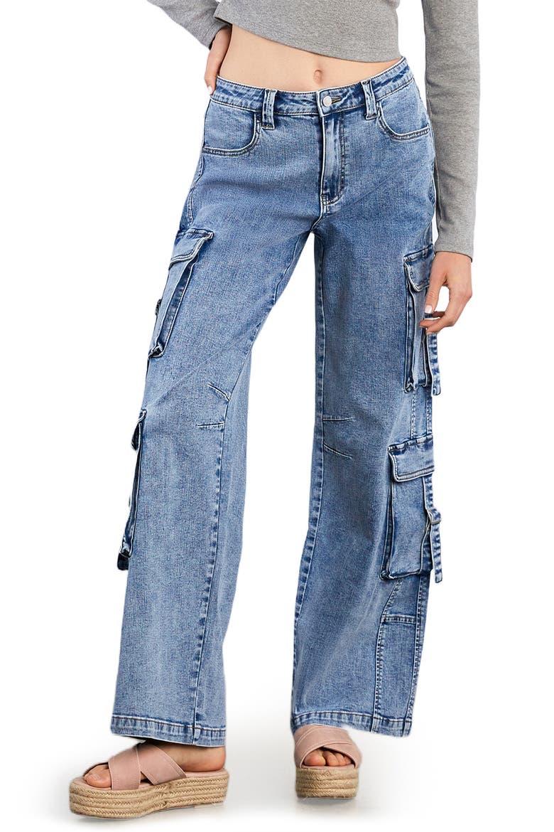 High Waist Straight Leg Cargo Jeans, Main, color, FADED BLU DENIM