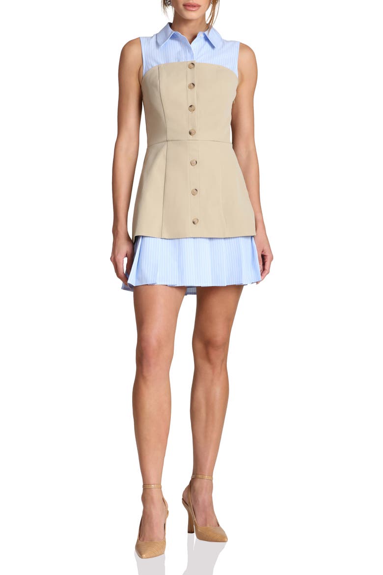 Sleeveless Mixed Media Shirtdress, Main, color, KHAKI AND BLUE STRIPE