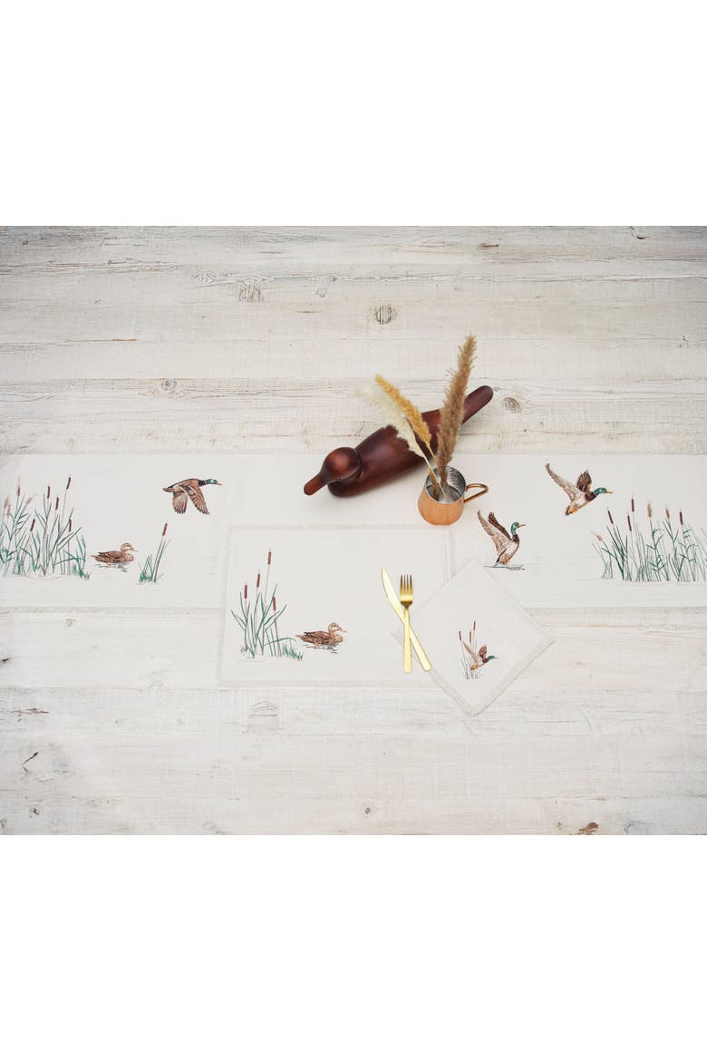 Taking Off Mallard Duck Cattails Marsh Fringed Embroidered Table Runner 14" x 72", Alternate, color, Brown
