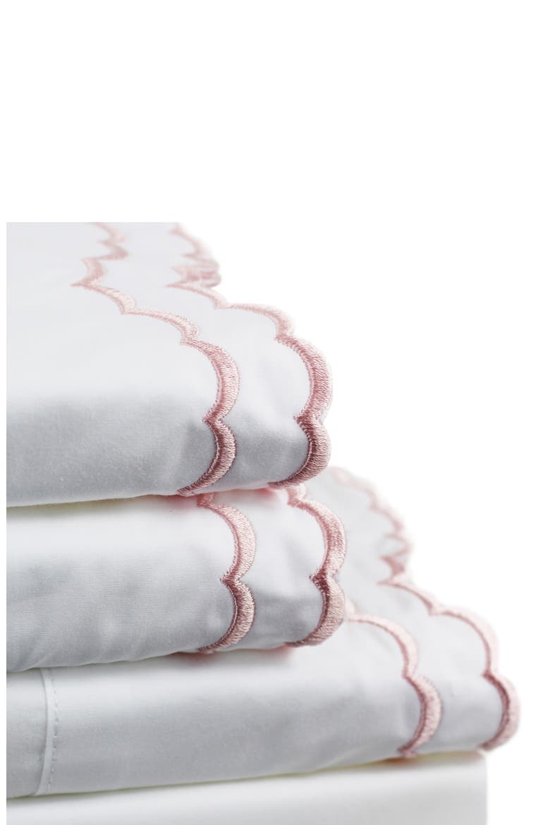 Double Scallop Embroidered 300 Thread Count 100% Cotton Sheet Set, Alternate, color, ROSE/ WHITE