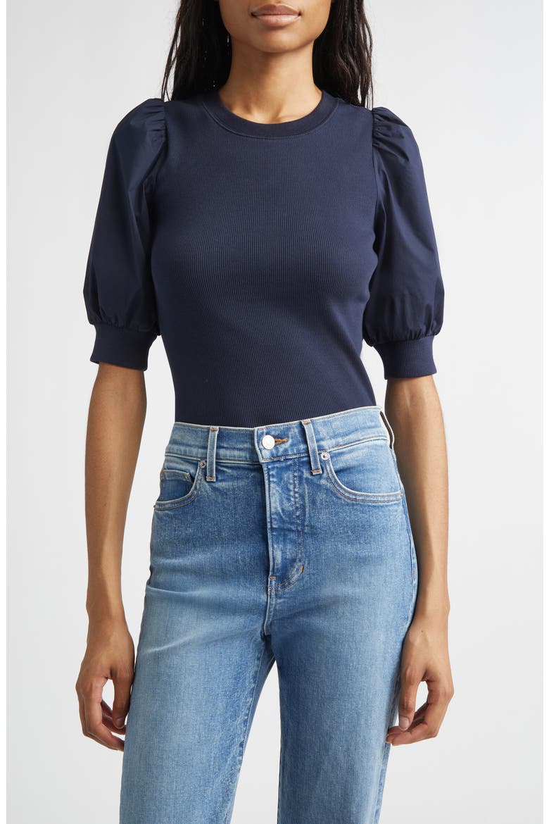 Coralee Mixed Media Puff Sleeve Stretch Cotton Top, Main, color, NAVY