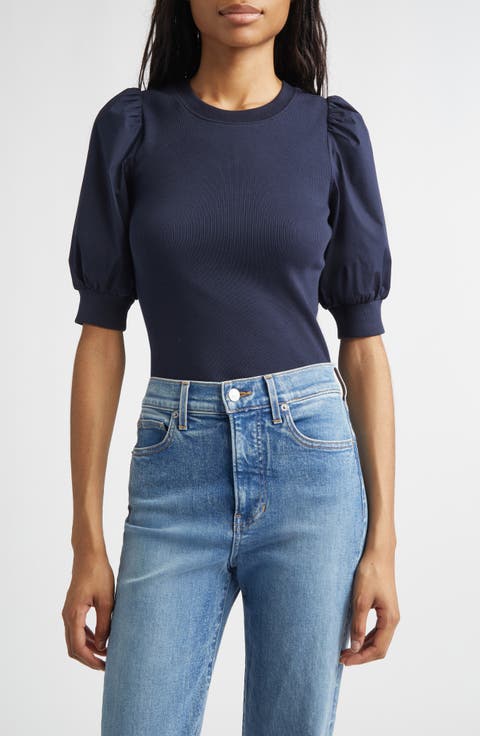 Coralee Mixed Media Puff Sleeve Stretch Cotton Top