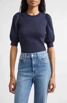 Coralee Mixed Media Puff Sleeve Stretch Cotton Top