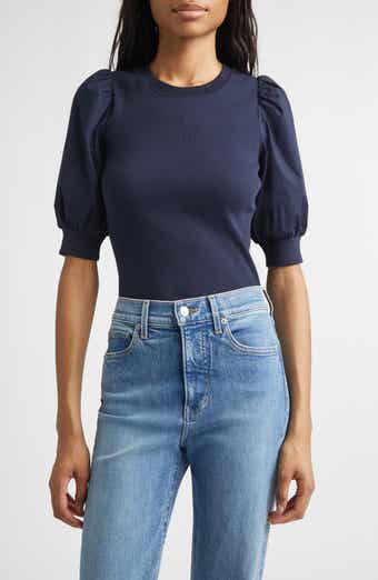 Coralee Mixed Media Puff Sleeve Stretch Cotton Top