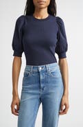 Veronica Beard Coralee Mixed Media Puff Sleeve Stretch Cotton Top