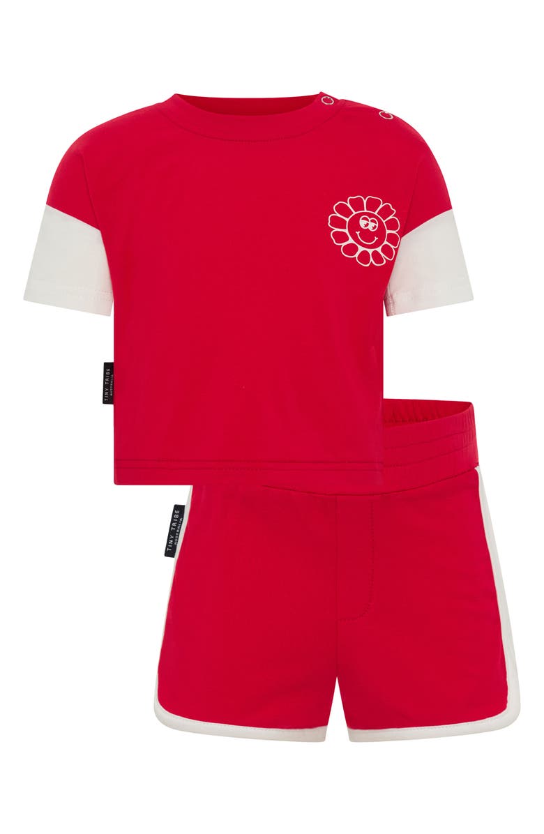 TINY TRIBE Sunny Tribe Layered Look Graphic T-Shirt & Shorts Set, Main, color, Red