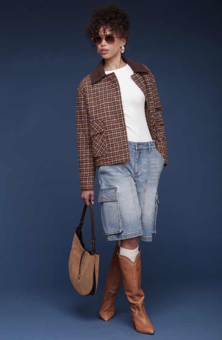 Avec Les Filles Oversize Tweed Bomber Jacket, Alternate, color, Brown/ Blue Plaid