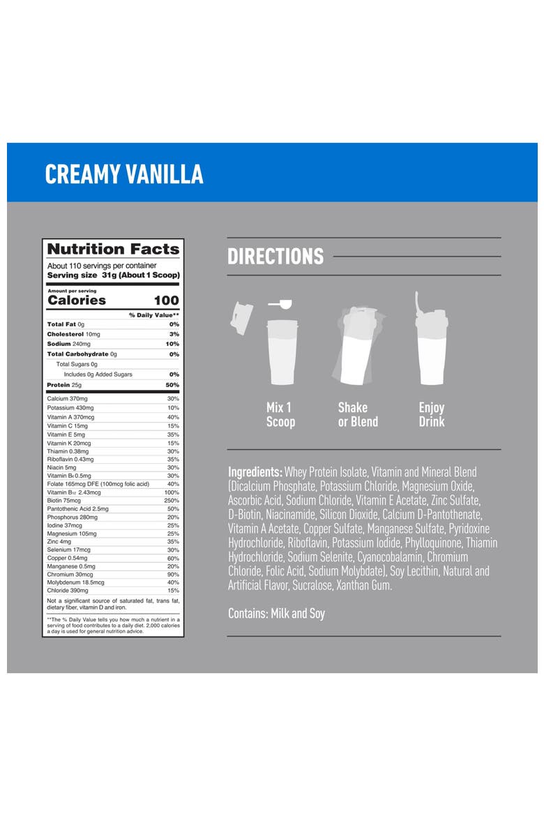 Zero Carb Pure Whey Isolate Protein Powder Creamy Vanilla, Alternate, color, None