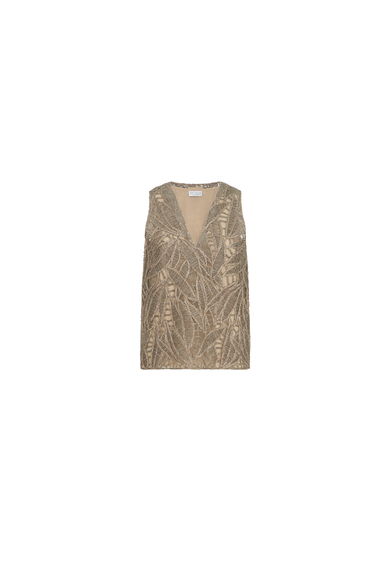 Linen and cotton dazzling cacao leaves embroidery top, Alternate, color, Rope