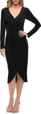 La Femme Long Sleeve Knee Length Dress with Wrap Style Skirt