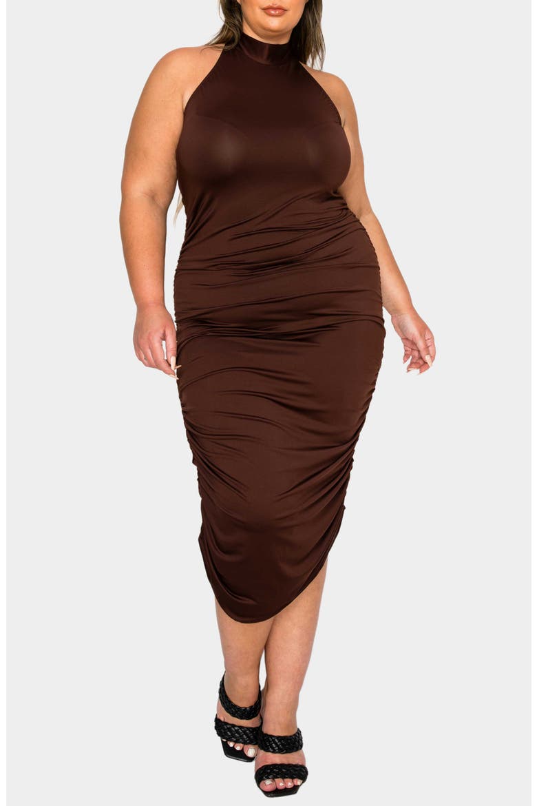 Izzy Ruched Midi Halter Dress, Alternate, color, MOCHA DARK