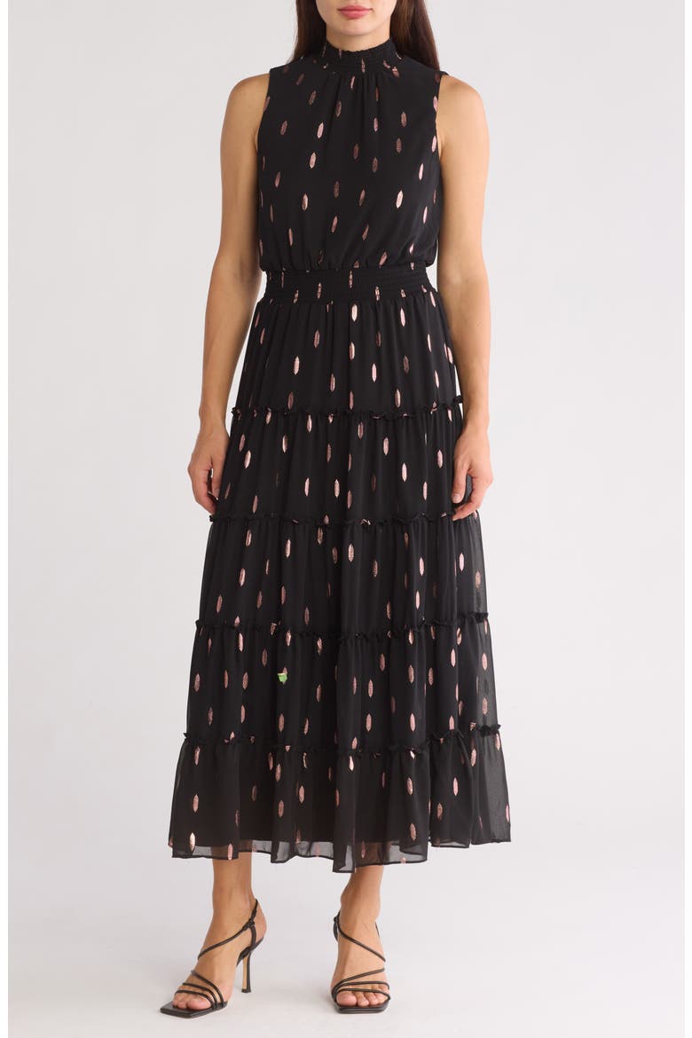 Print Smocked Mock Neck Tiered Maxi Dress, Main, color, RICH BLACK 060