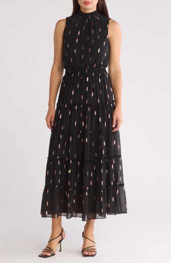 Print Smocked Mock Neck Tiered Maxi Dress
