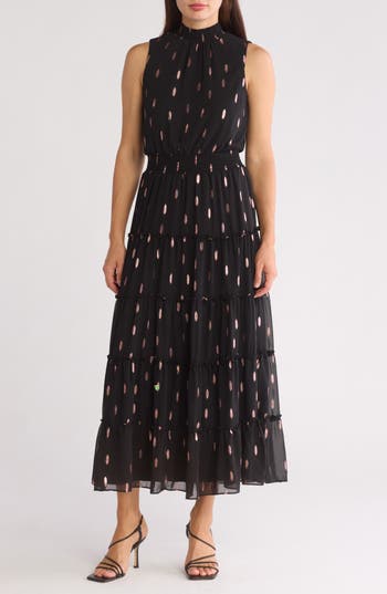 Halogen ® Print Smocked Mock Neck Tiered Maxi Dress In Rich Black 060
