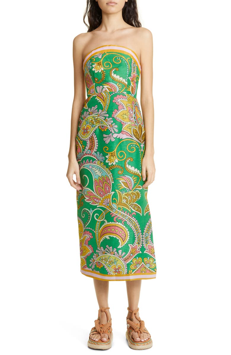 ALEMAIS Marion Print Strapless Linen Blend Dress, Main, color, 