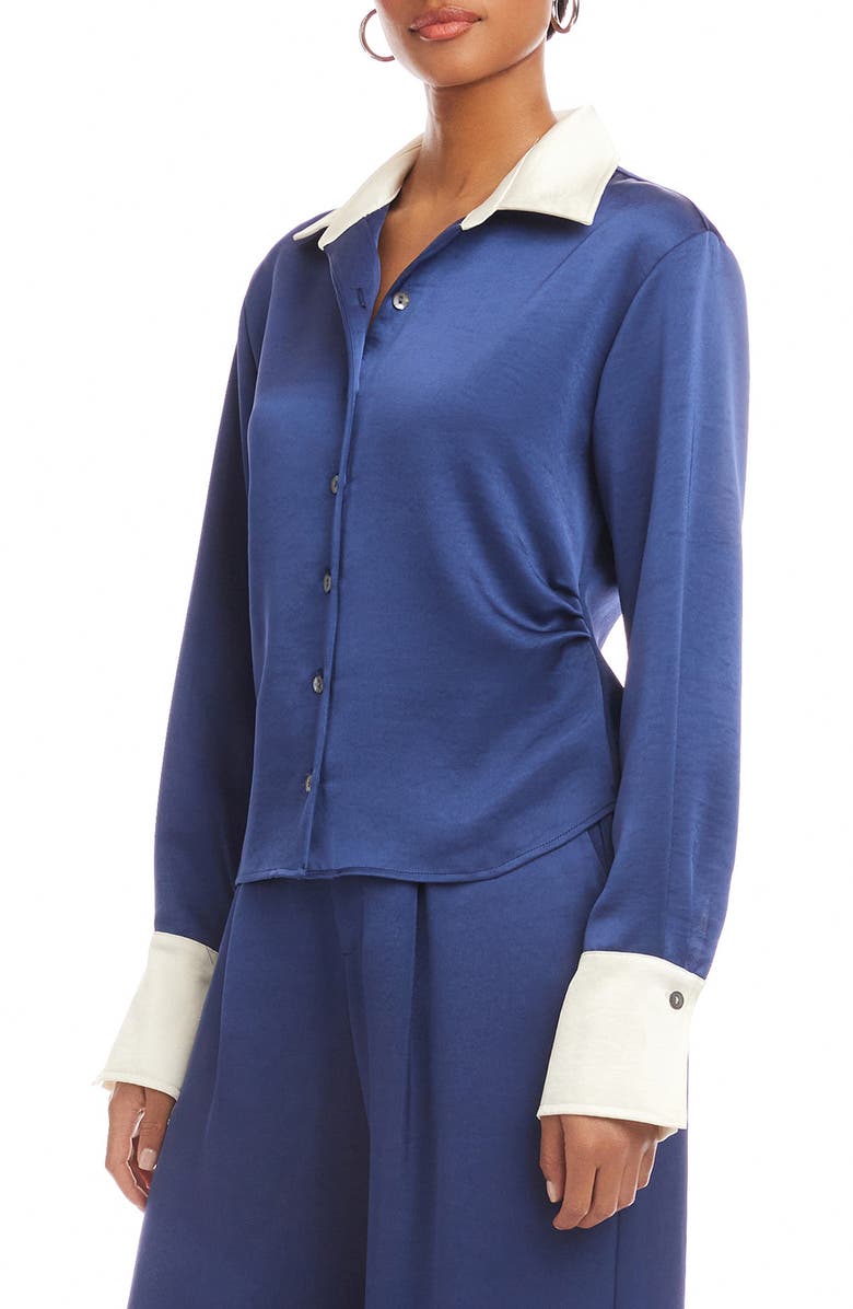 FIFTEEN TWENTY Tawnie Contrast Trim Satin Button-Up Shirt, Alternate, color, Deep Blue