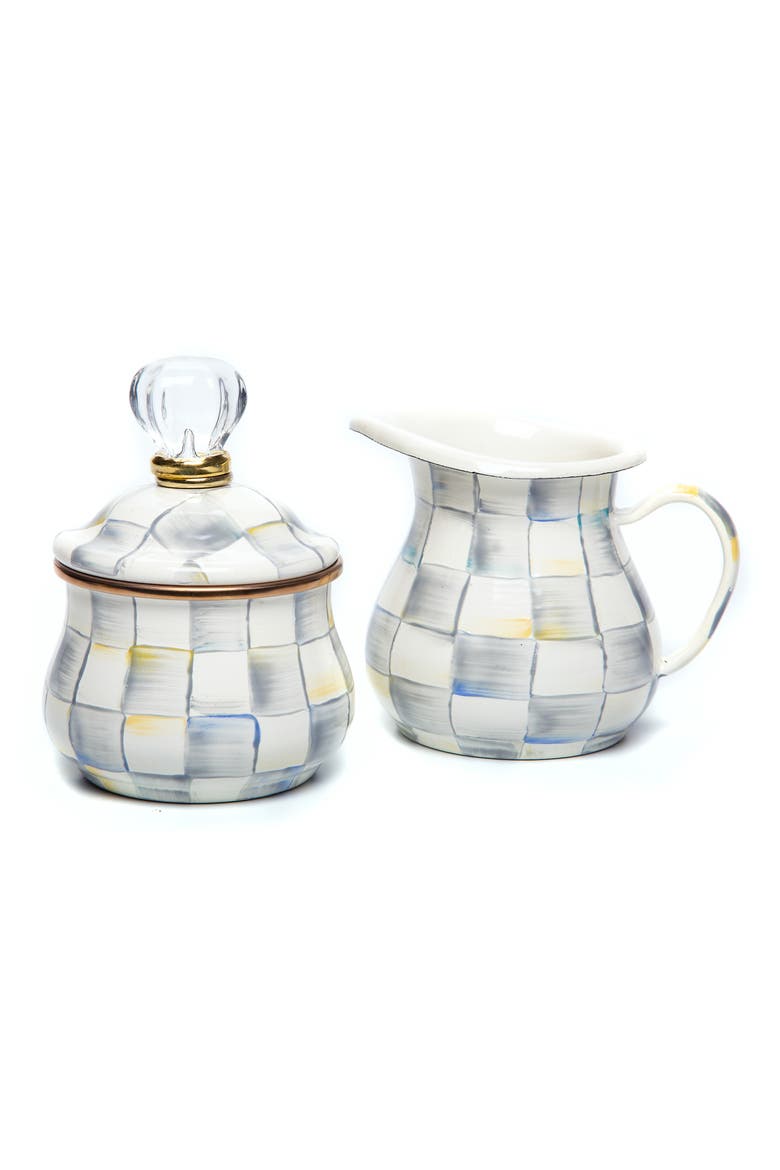 Sterling Check Enameled Steel Creamer & Sugar Set, Main, color, GREY/ WHITE