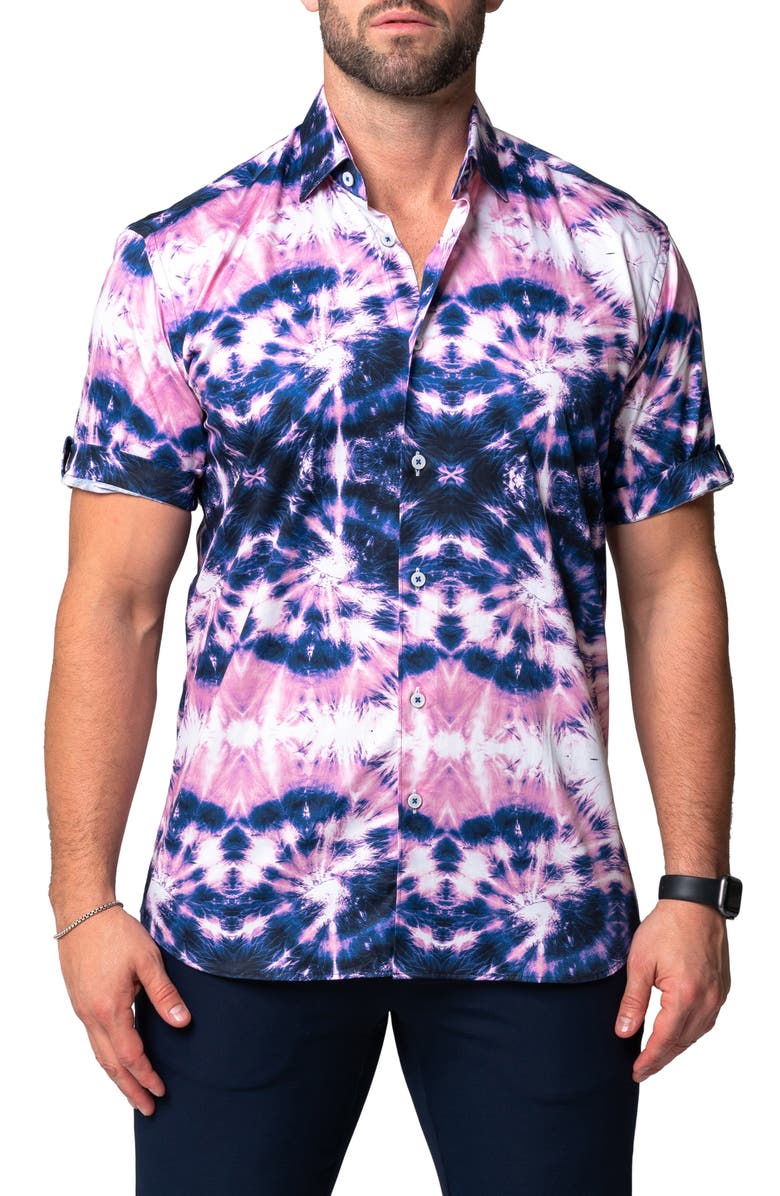 Maceoo Galileo Tie Dye Stars Short Sleeve Cotton Button-Up Shirt, Alternate, color, Blue