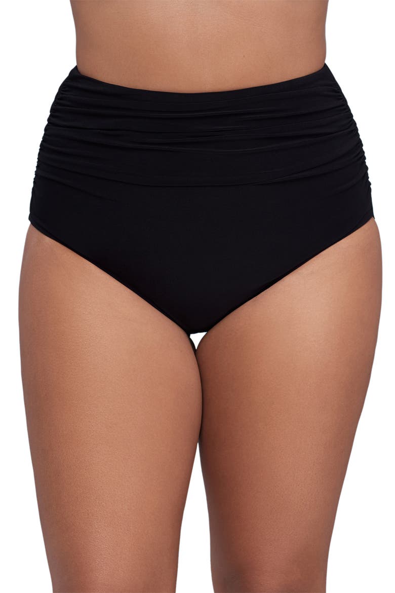 High Waist Shirred Plus Size Control Swim Brief, Main, color, Black