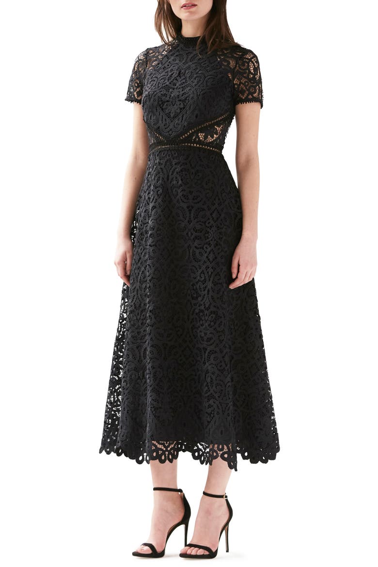 Short Sleeve A-Line Lace Midi Dress, Main, color, JET