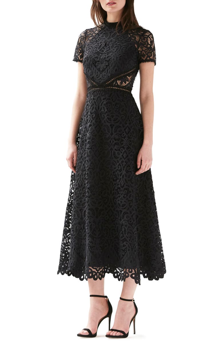 ML Monique Lhuillier Short Sleeve A-Line Lace Midi Dress, Main, color,