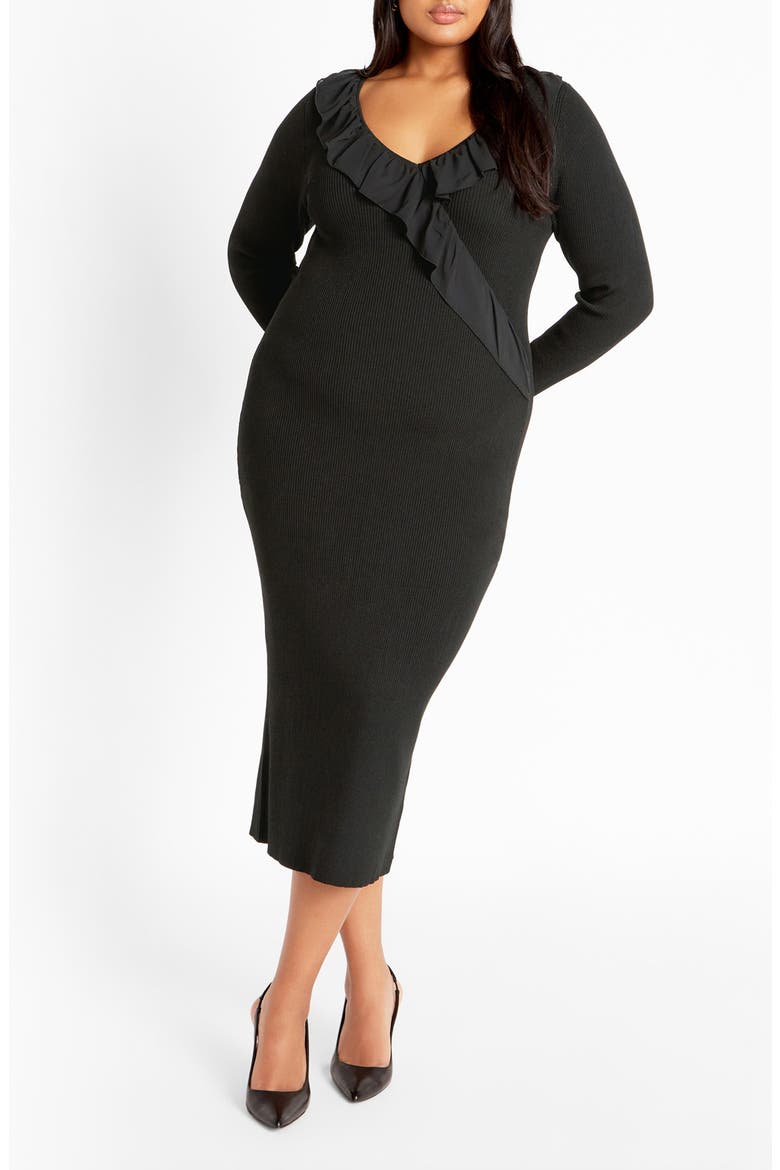Auralie Ruffle Detail Long Sleeve Rib Sweater Dress, Main, color, BLACK