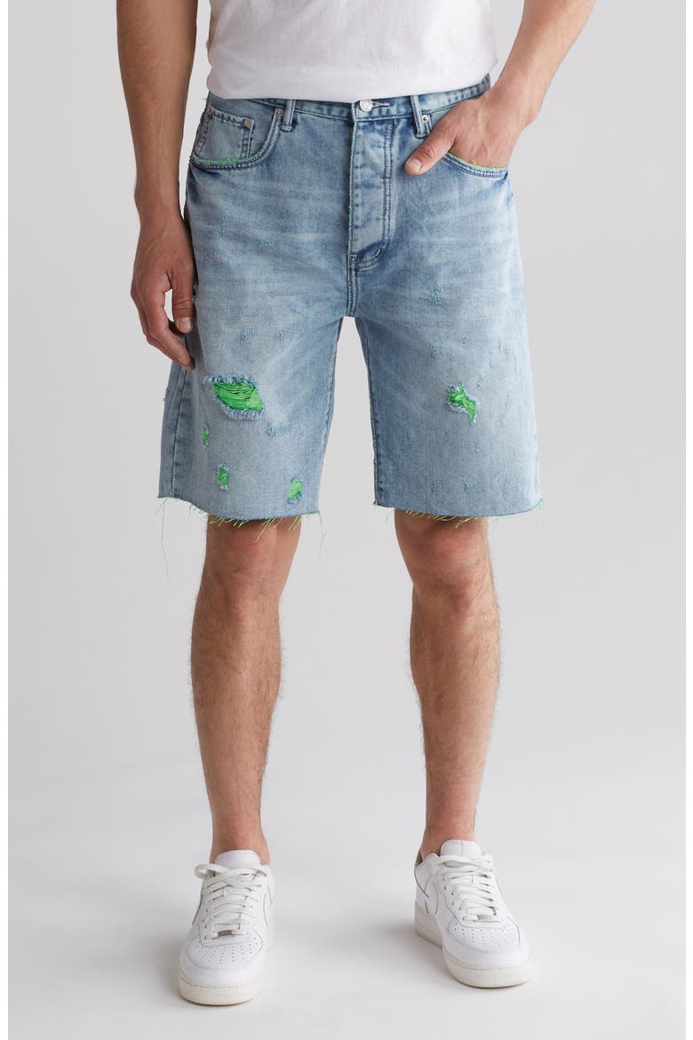 Neon Stitch Denim Shorts, Main, color, LT INDIGO