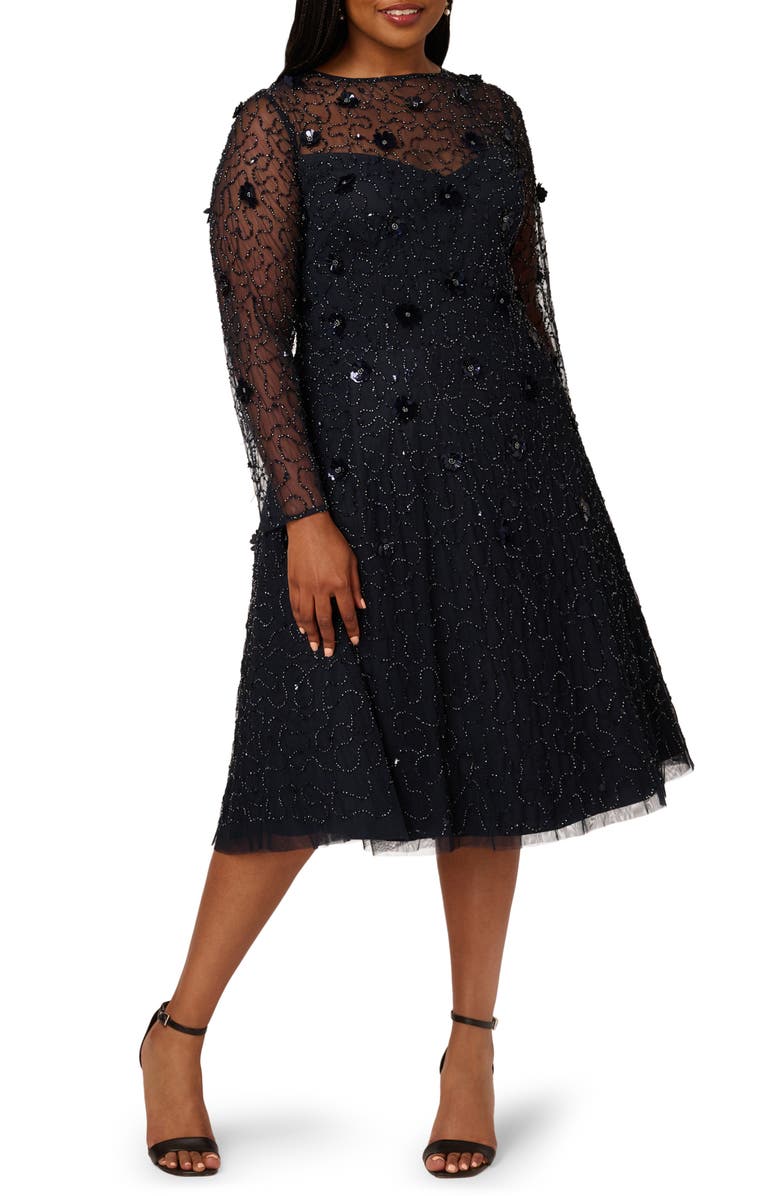 Adrianna Papell 3D Floral Beaded Long Sleeve Illusion Cocktail Dress, Main, color, Midnight