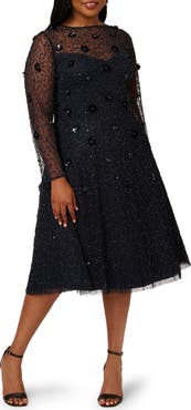 Adrianna Papell 3D Floral Beaded Long Sleeve Illusion Cocktail Dress