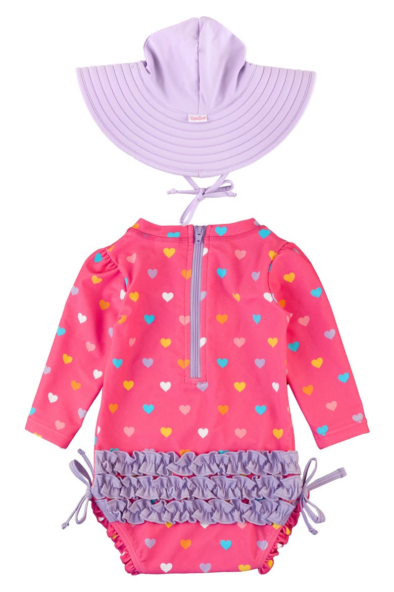 Colorful Hearts One-Piece Rashguard Swimsuit & Hat Set, Alternate, color, PINK