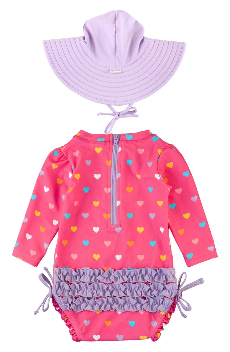 RuffleButts Colorful Hearts One-Piece Rashguard Swimsuit & Hat Set, Alternate, color, Pink