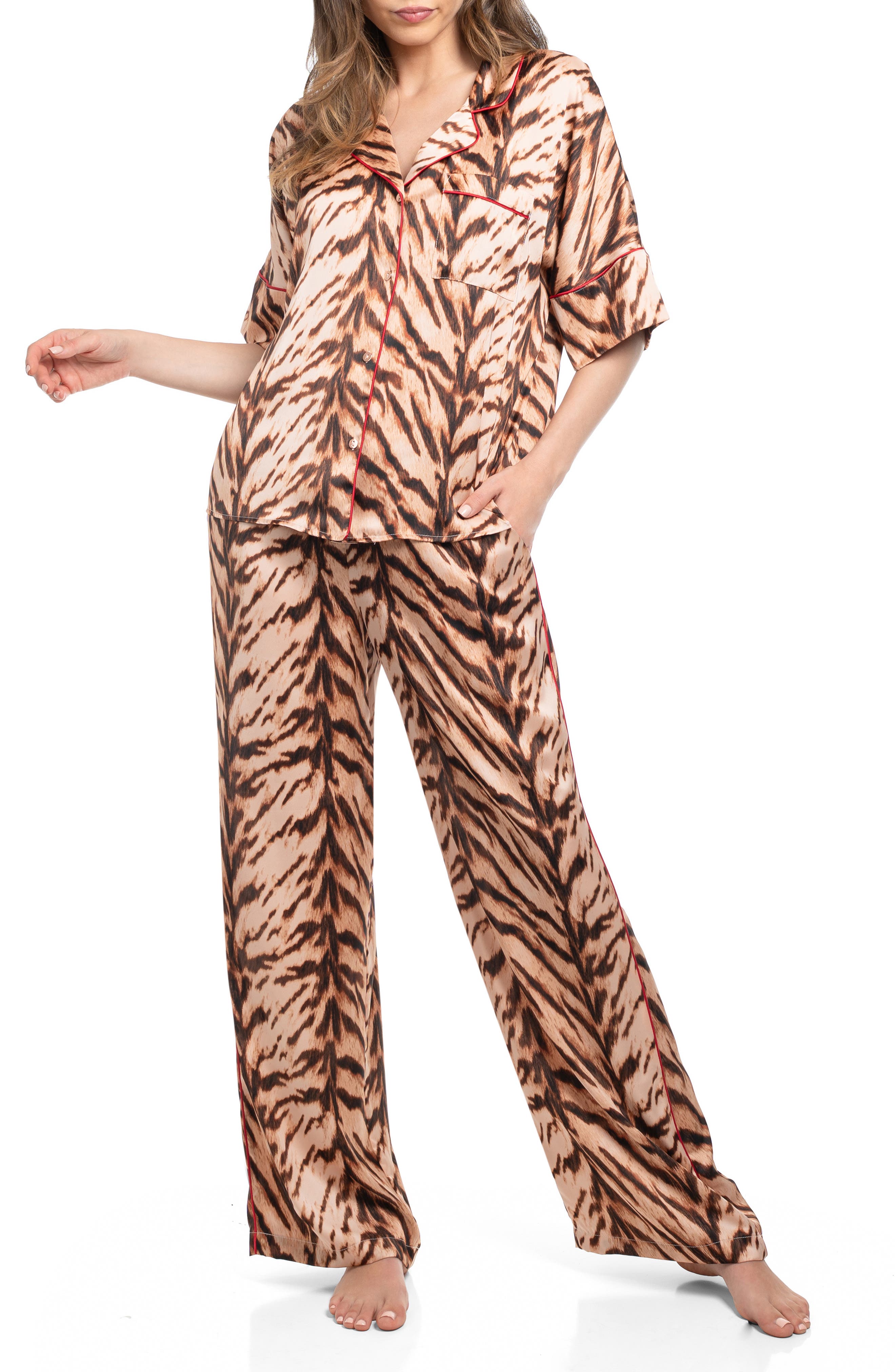 Midnight Bakery Tiger Stripe Satin Pajamas in Taupe 