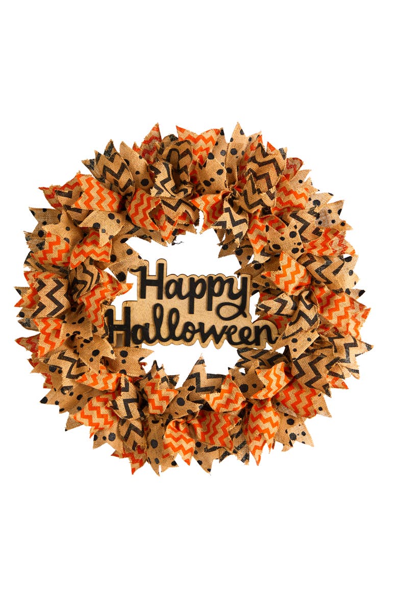 30-in Halloween Burlap Ribbon Wreath, Main, color, Orange