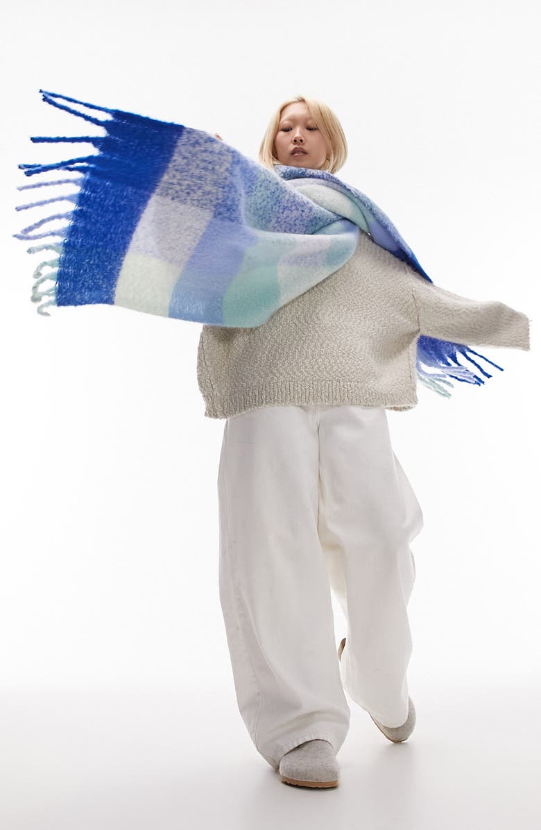 Topshop Blanket Check Fringe Scarf, Alternate, color,