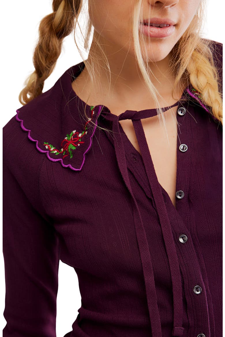Juniper Embroidered Pointelle Cotton Button-Up Top, Alternate, color, VINTAGE GRAPE