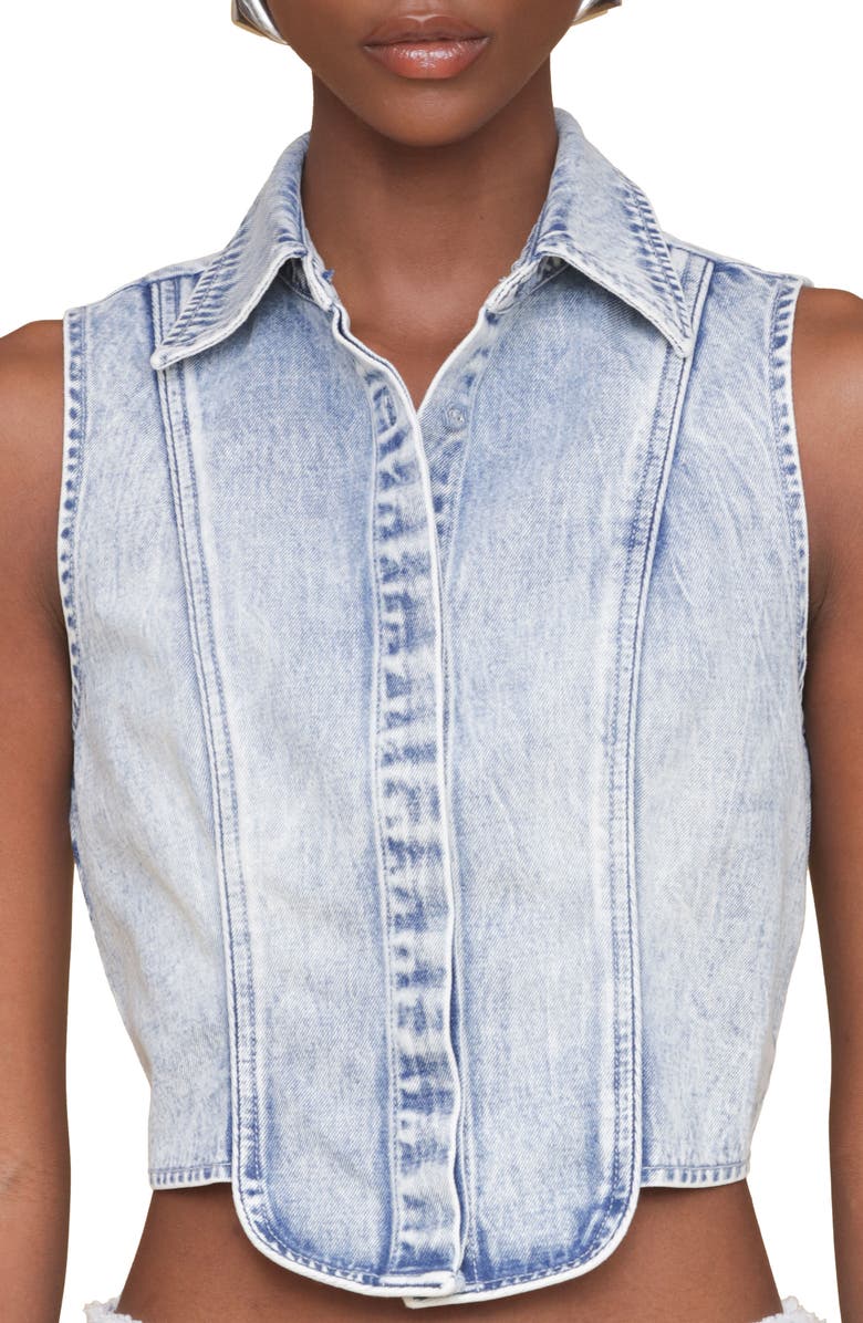 Avec Les Filles Sleeveless Tuxedo Crop Denim Shirt, Alternate, color, Madeira Wash