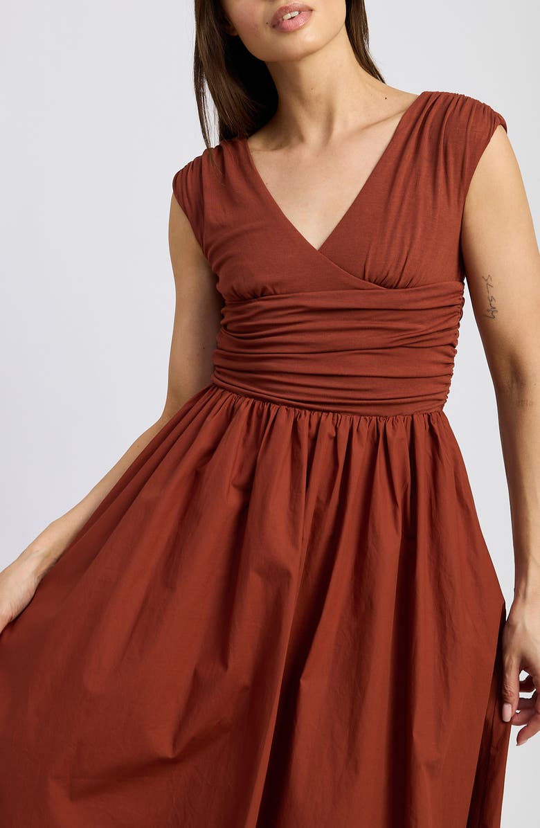 En Saison Emma Ruched Mixed Media Sundress, Alternate, color, Brick
