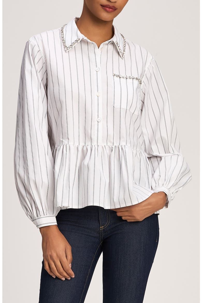 Nyomi Rhinestone Detail Stripe Cotton Blend Peplum Top, Main, color, WHITE/ BLACK
