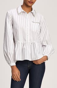 Cinq à Sept Nyomi Rhinestone Detail Stripe Cotton Blend Peplum Top