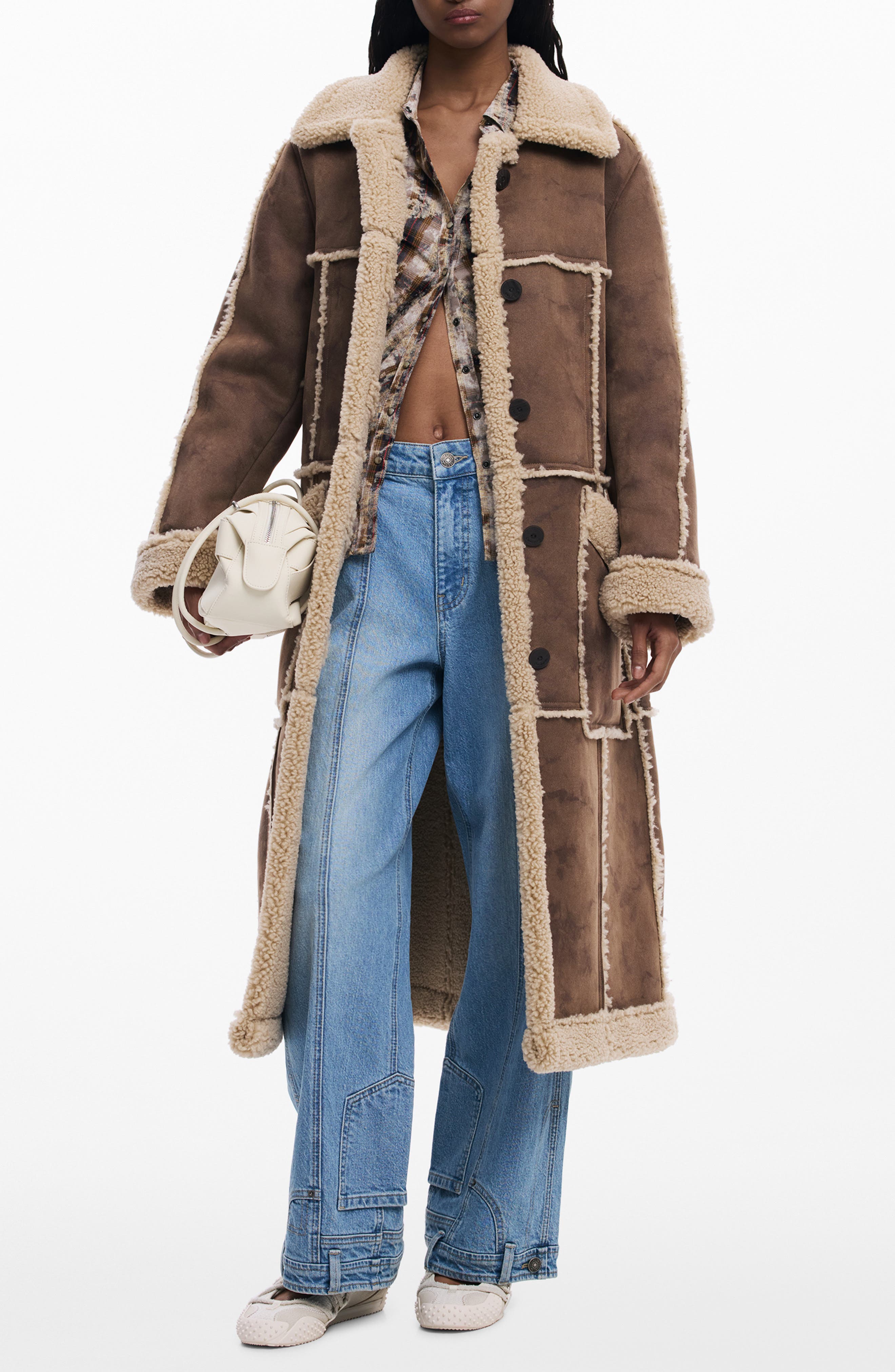 Denim Long Fur Coat,Tan Coat,Coat with Fur Hood,Camel Wool Coat, 並行輸入品 Oversized premium faux fur coat with belt