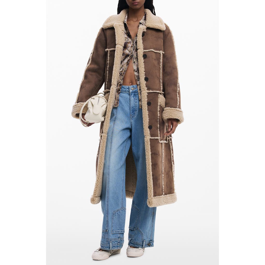 Desigual Faux Shearling Trim Longline Coat In Brown