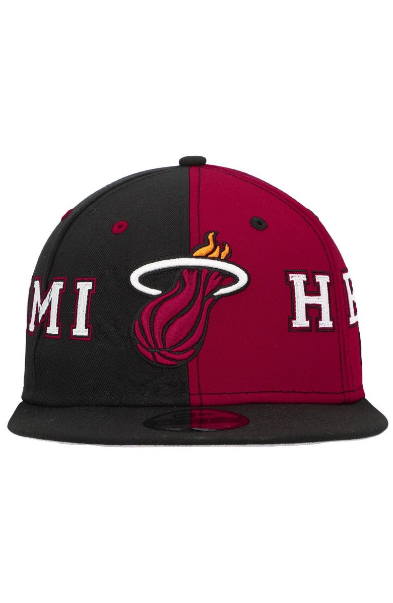 New Era Men's New Era Black/Red Miami Heat Team Split 9FIFTY Snapback Hat, Alternate, color, 