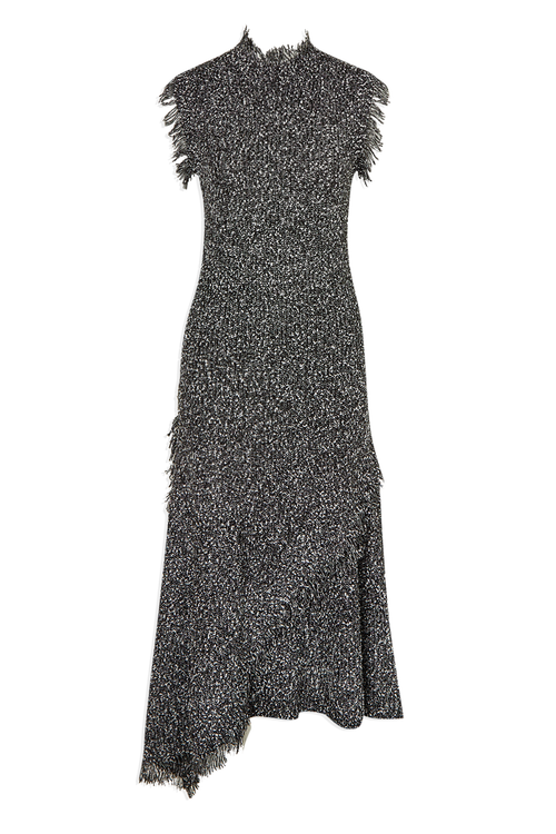 Karen Millen Tweed Yarn Fringe Trim Knitted Dress In Black